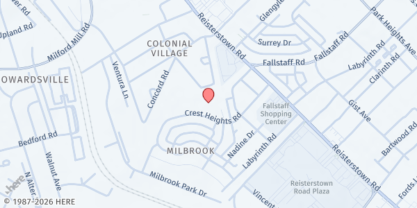 Map showing Maryland Food Bank at Millbrook Elementary at 4300 Crest Heights Road, Baltimore, MD