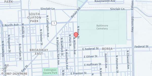 Map showing Mt. Calvary Star Baptist Church at 1725 N. Milton Ave., Baltimore, MD