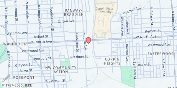 Map showing Mt. Hebron Baptist Church at 2651 West North Avenue, Baltimore, MD