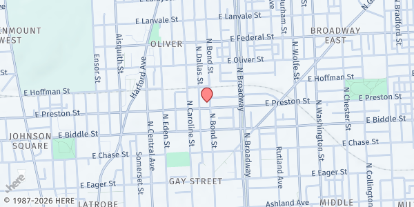 Map showing New Cornerstone Baptist at 1530 East Preston Street, Baltimore, MD