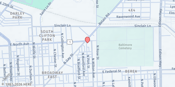 Map showing New Life Food Pantry at 2401 E North Ave, Baltimore, MD