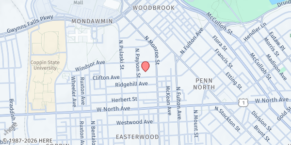 Map showing New Shiloh Baptist Church Food Pantry at 2100 N. Monroe St., Baltimore, MD