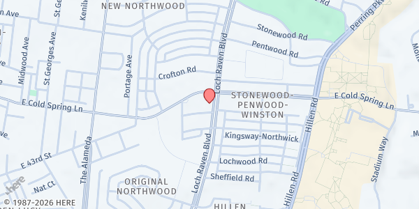 Map showing Northwood Enoch Pratt Library at 4420 Loch Raven Boulevard, Baltimore, MD