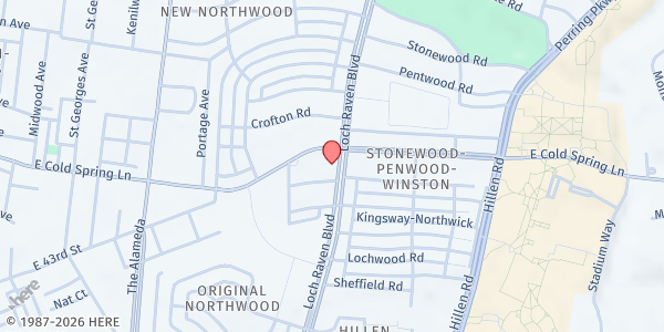 Map showing Northwood Library at 4420 Loch Raven Boulevard, Baltimore, MD