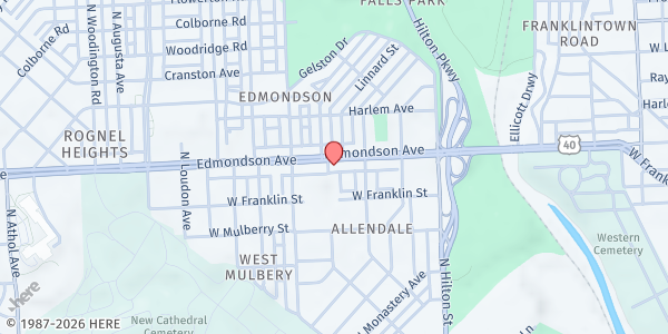 Map showing Olivet Baptist Church Food Pantry at 3529 Edmondson Avenue, Baltimore, MD