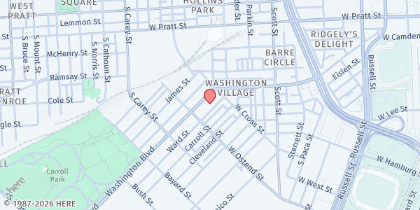 Map showing Paul's Place Outreach Center at 1118 Ward Street, Baltimore, MD