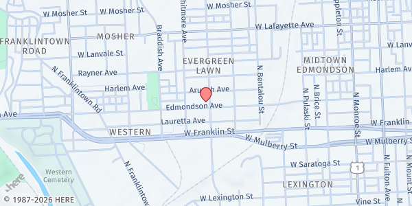 Map showing Perkins Square Baptist Church at 2500 Edmondson Ave., Baltimore, MD