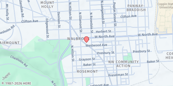 Map showing Pilgrim Temple Church at 1807 Bloomingdale Rd., Baltimore, MD