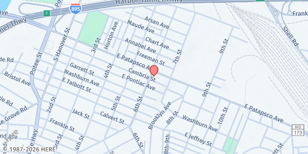 Map showing Rehoboth Church Food at 603 East Patapsco Avenue, Baltimore, MD