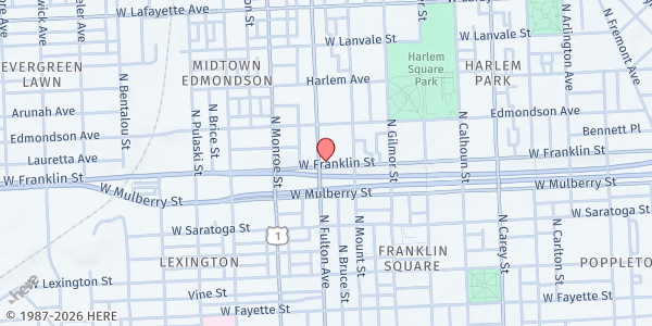 Map showing Siloam Baptist Community Church at 501 North Fulton Avenue, Baltimore, MD