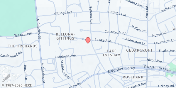 Map showing Soul Kitchen at Govans Presbyterian Church at 5828 York Road, Baltimore, MD