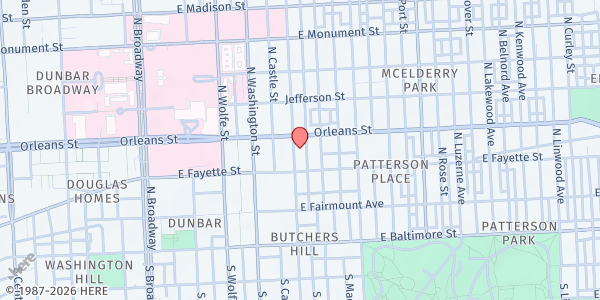 Map showing The Door Food Pantry at 219 N Chester St, Baltimore, MD