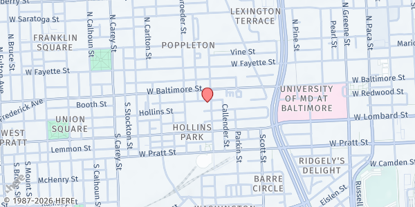 Map showing University of Maryland Baltimore, Community Engagement Center at 16 South Poppleton Street, Baltimore, MD