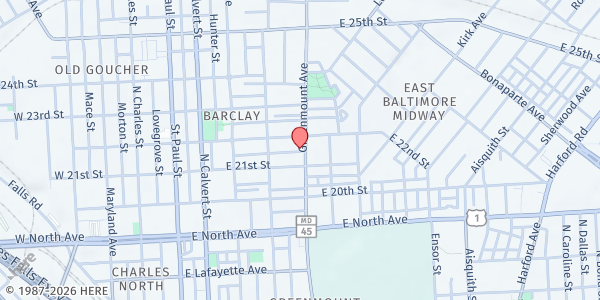 Map showing First Philadelphia Baptist at 2120 Greenmount Avenue, Barclay, MD