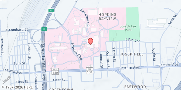Map showing Johns Hopkins Bayview, Social Work Department at 4940 Eastern Avenue, Bayview, MD