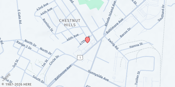 Map showing Nick's Place at 10482 Baltimore Ave Suite 199, Beltsville, MD