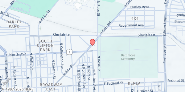 Map showing Helping Hands Food Pantry at 1911 Belair Road, Berea, MD