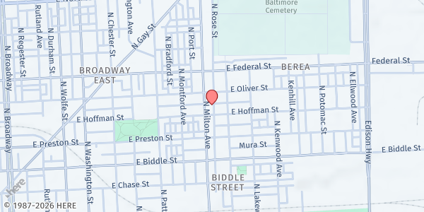 Map showing New David Baptist Church of Christ at 1401 North Milton Avenue, Berea, MD