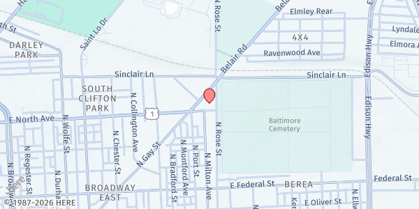 Map showing New Zion Hill Baptist at 2432 East North Avenue, Berea, MD