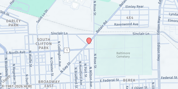 Map showing Power House World Ministries at 1911 Belair Road, Berea, MD