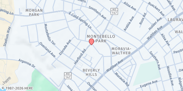 Map showing Christ Power Church at 4545 Harford Road, Beverly Hills, MD