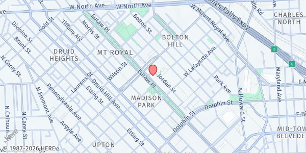 Map showing Baltimore Unity Hall at 1505 Eutaw Place, Bolton Hill, MD