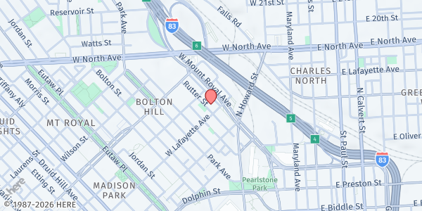 Map showing Corpus Christi Church Food Pantry at 110 West Lafayette Avenue, Bolton Hill, MD