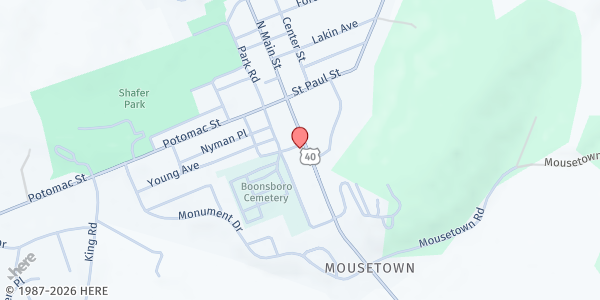 Map showing South County Food Bank - Boonsboro at 64 South Main Street, Boonsboro, MD