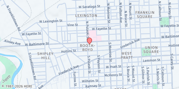 Map showing The Central Baptist Church of Baltimore City at 2031 West Baltimore Street, Booth-Boyd, MD
