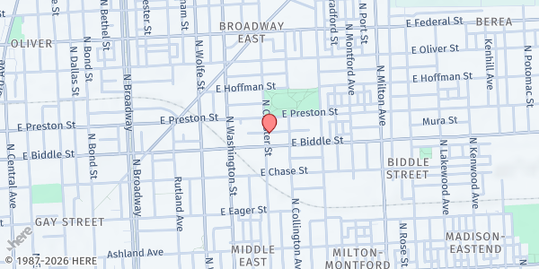 Map showing Israel Baptist Outreach - Broadway East at 1211 North Chester Street, Broadway East, MD