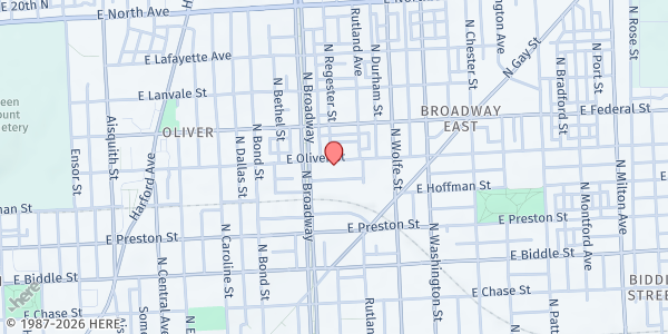 Map showing Mount Tabor Baptist at 1719 East Oliver Street, Broadway East, MD