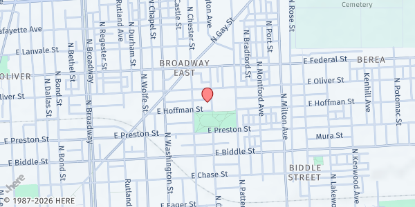 Map showing Trinity AME Church at 2140 East Hoffman Street, Broadway East, MD