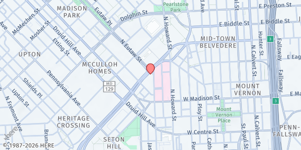 Map showing Food Rescue Baltimore, Land of Kush - Bromo Arts District at 840 North Eutaw Street, Bromo Arts District, MD