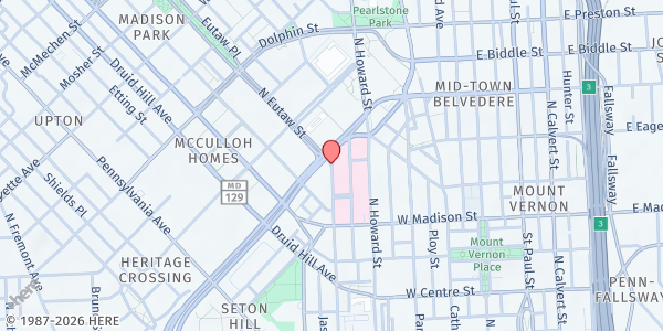 Map showing Land of Kush - Bromo Arts District at 840 North Eutaw Street, Bromo Arts District, MD