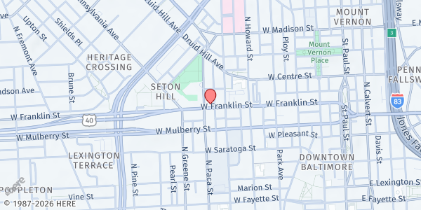 Map showing YWCA-Eleanor S. Corner at 120 West Franklin Street, Bromo Arts District, MD
