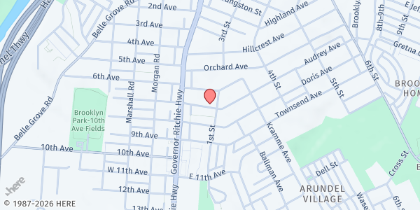 Map showing Brooklyn Church of the Nazarene at 120 Audrey Ave., Brooklyn Park, MD