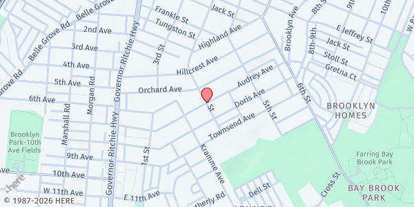 Map showing Community Service Center at 120 Audrey Ave., Brooklyn, MD