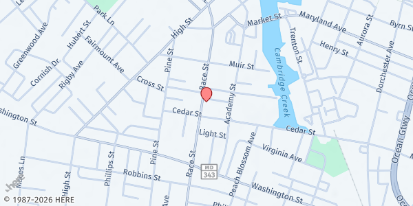 Map showing One Mission Cambridge Community Dinners Location at 614 Race Street, Cambridge, MD