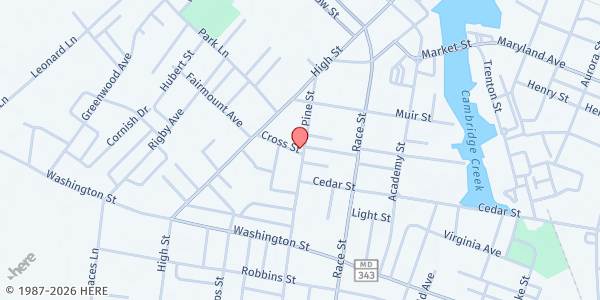 Map showing Zion Baptist Church at 600 Cross St, Cambridge, MD