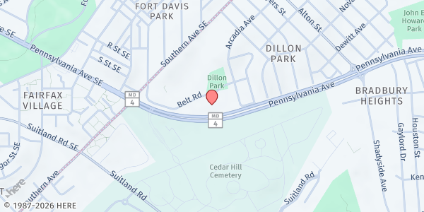 Map showing Maple Springs Baptist Church at 4131 Belt Road, Capitol Heights, MD