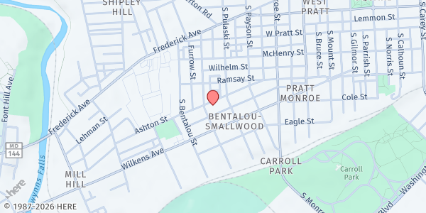 Map showing The Food Project Baltimore Main Location at 424 South Pulaski Street, Carrollton Ridge, MD