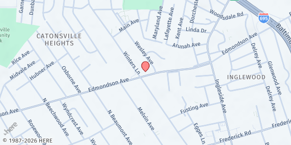 Map showing Amazing Grace We Care Food Program - Main Location at 100 Winters Lane, Catonsville, MD