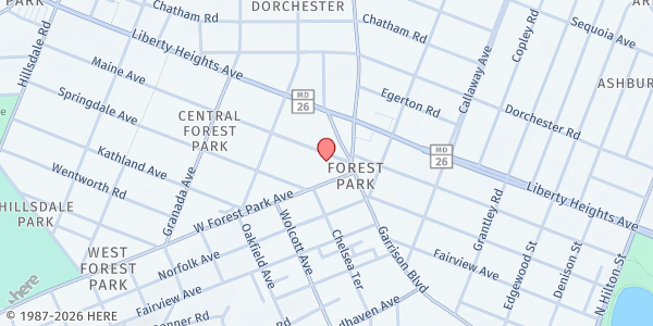 Map showing Liberty Rec & Tech Center at 3901 Maine Avenue, Central Forest Park, MD