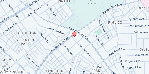 Map showing Browns Memorial Baptist Church at 3215 West Belvedere Avenue, Central Park Heights, MD