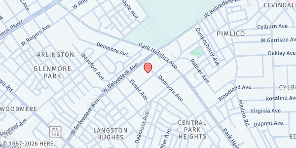 Map showing Maryland Church of God at 5100 Denmore Avenue, Central Park Heights, MD