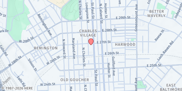 Map showing St. John's UMC/Heart's Place at 2640 Saint Paul Street, Charles Village, MD
