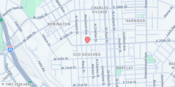 Map showing The Chill Spot at 36 West 25th Street, Charles Village, MD