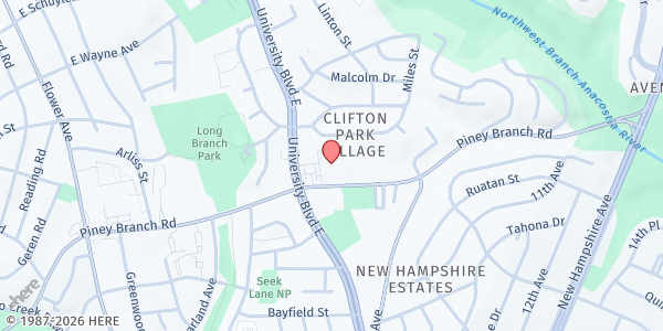 Map showing Clifton Park Baptist Church at 8818 Piney Branch Road, Clifton Park Village, MD