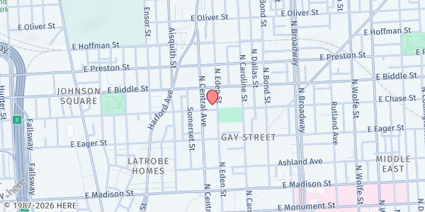 Map showing Grace Memorial Baptist Church at 1100 North Eden Street, Clifton, MD