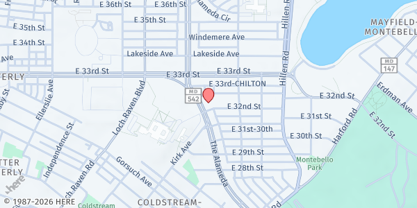 Map showing Grace Baptist Church at 3201 The Alameda, Coldstream Homestead Montebello, MD